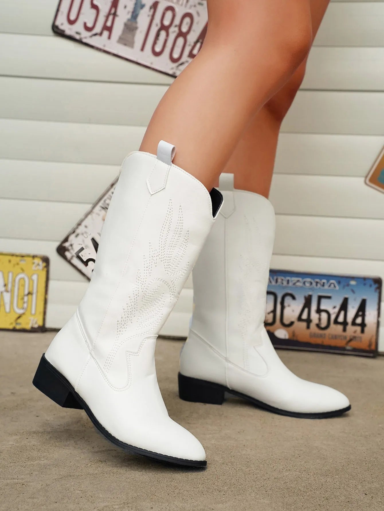 Women's Cowboy Boots with Decorative Embroidery, Vegan