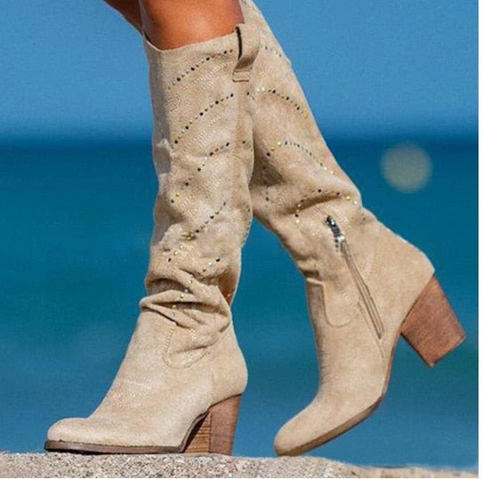 Women's Over-the-Knee Block-Heel Boots with Zip