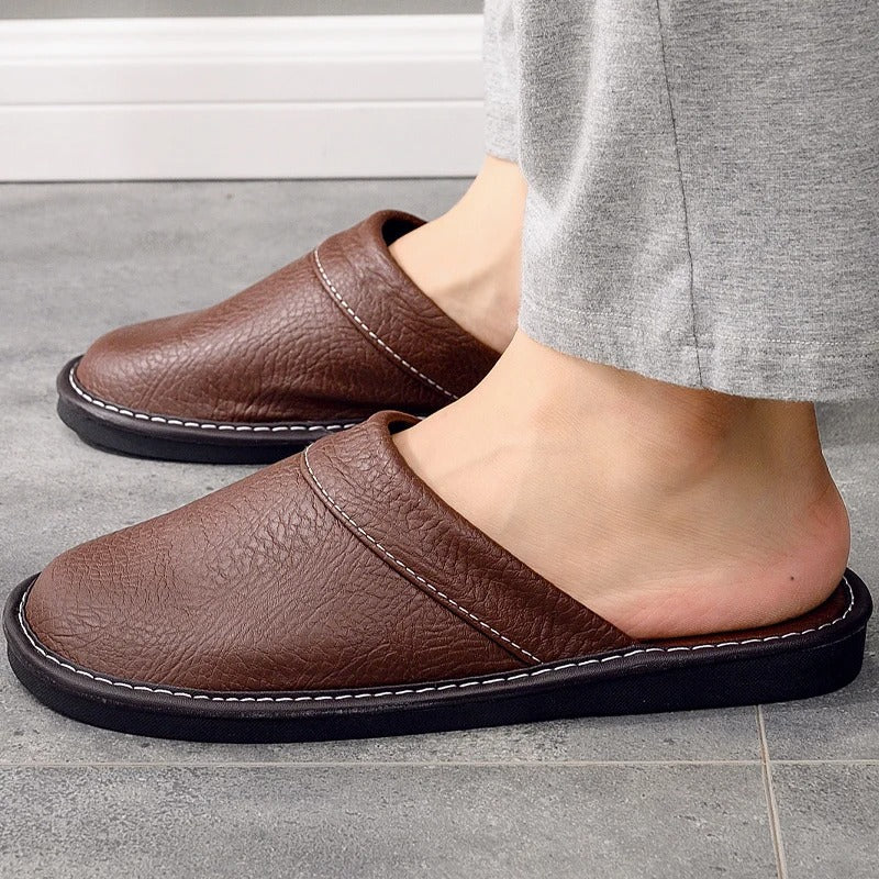 Men's Leather Slippers with a Durable Sole