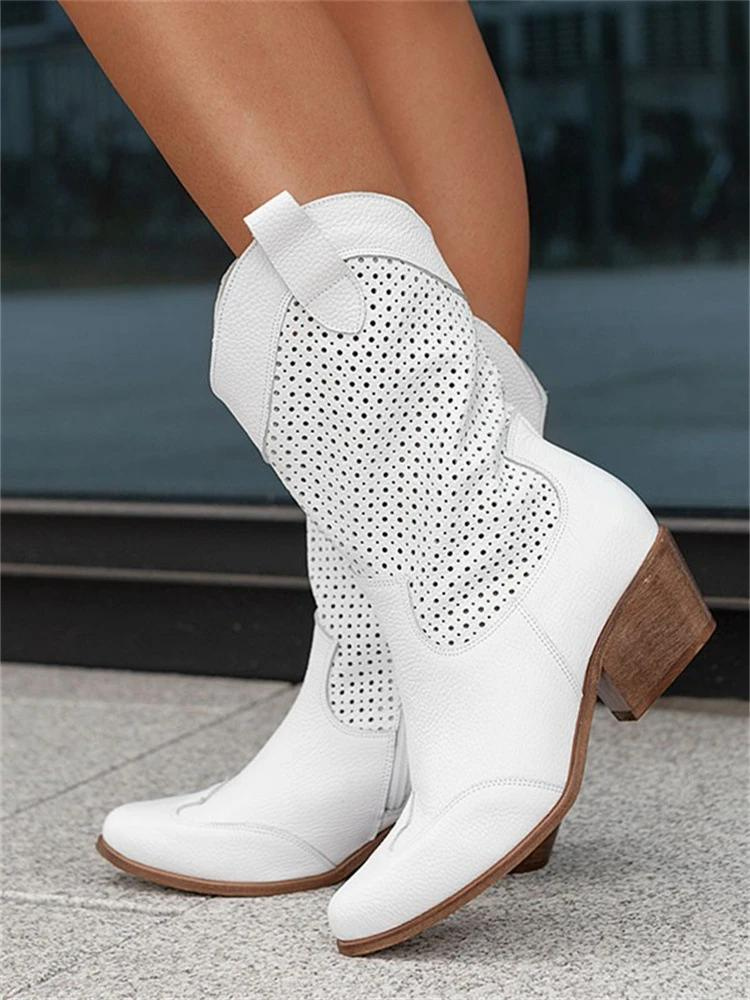 Women's Block-Heel Cowboy Boots with Perforation