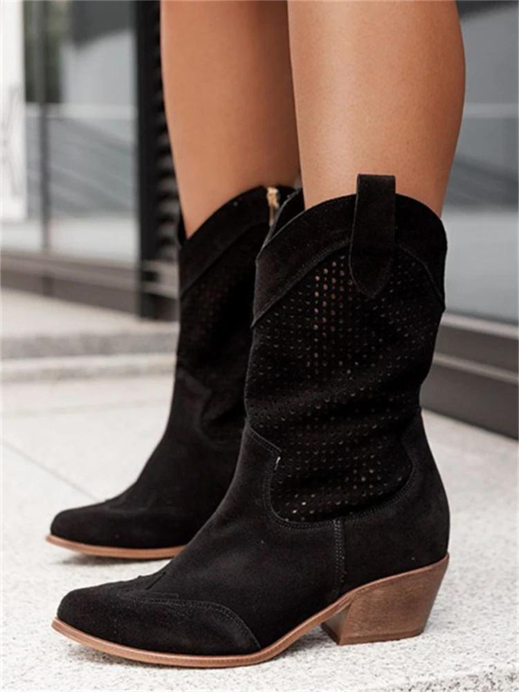 Women's Block-Heel Cowboy Boots with Perforation