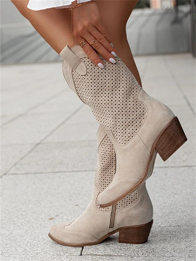 Women's Block-Heel Cowboy Boots with Perforation