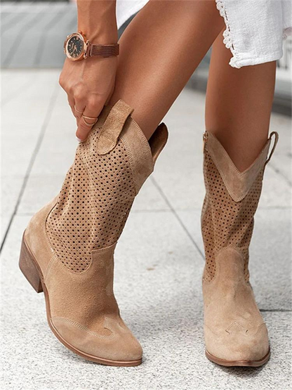 Women's Block-Heel Cowboy Boots with Perforation