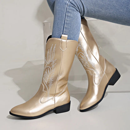Women's Cowboy Boots with Decorative Embroidery, Vegan