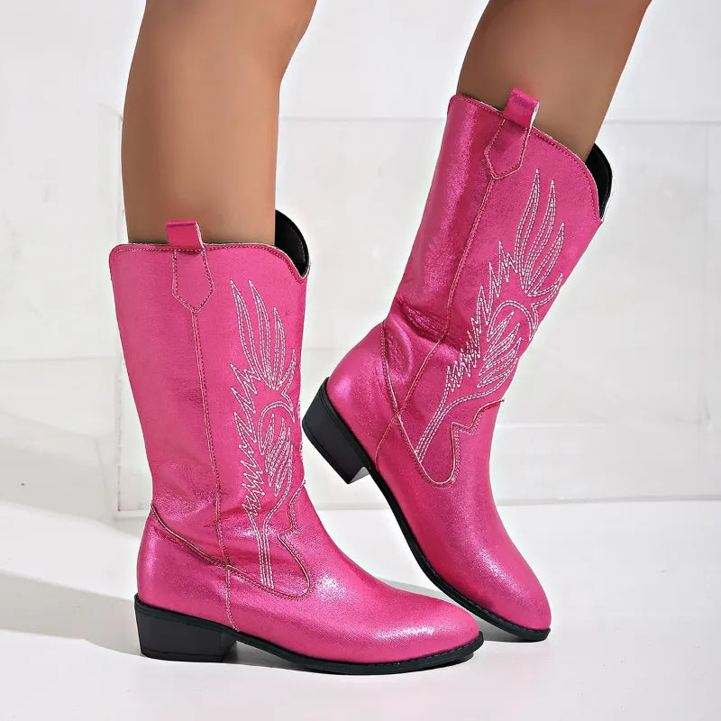 Women's Cowboy Boots with Decorative Embroidery, Vegan