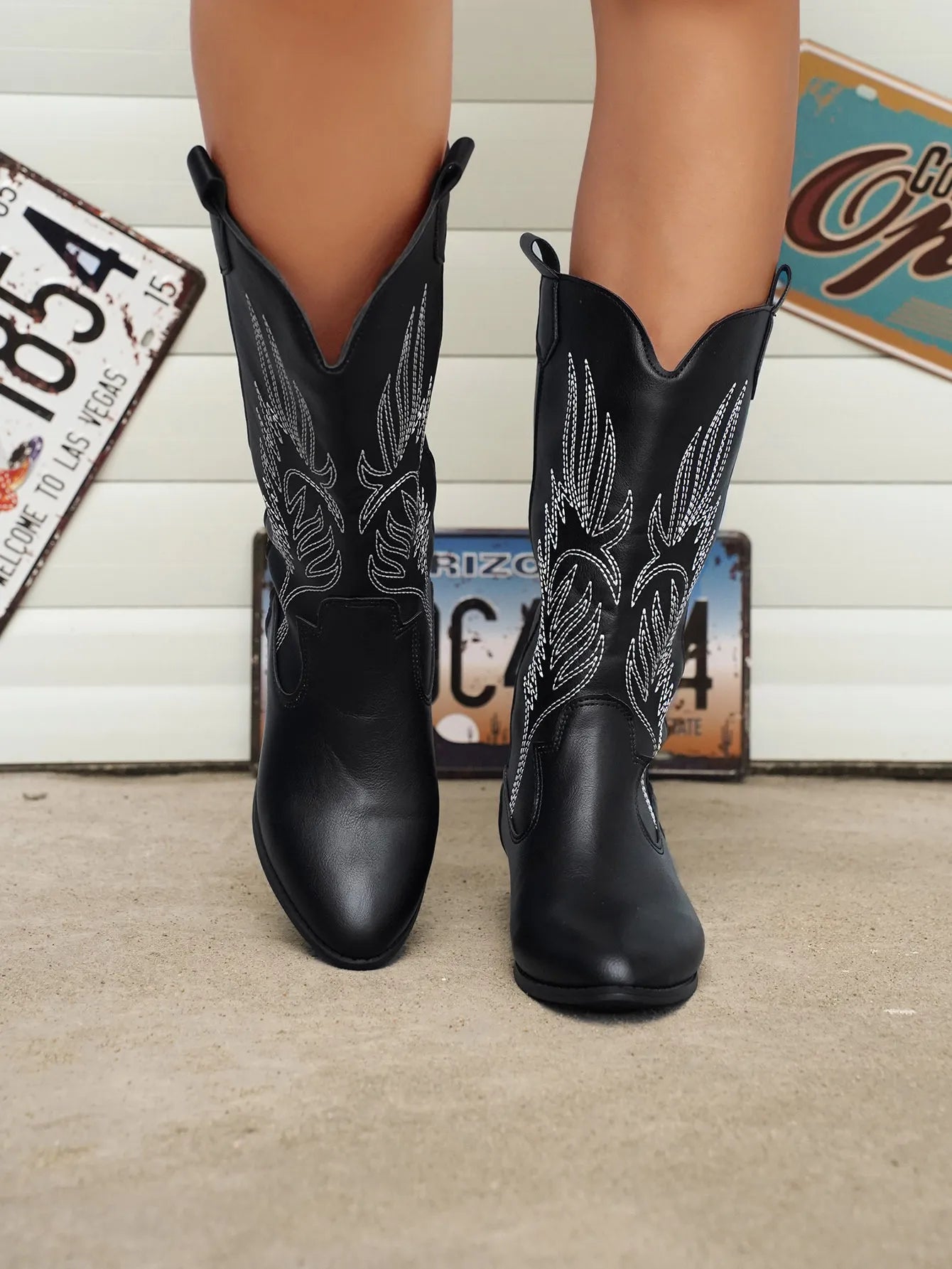 Women's Cowboy Boots with Decorative Embroidery, Vegan