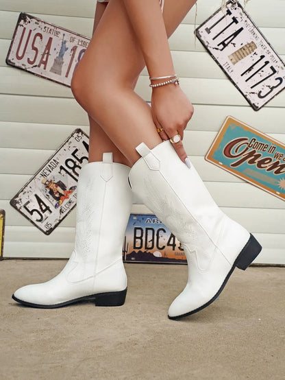 Women's Cowboy Boots with Decorative Embroidery, Vegan