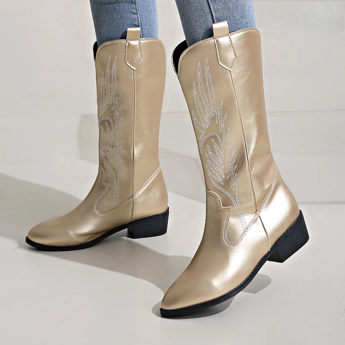 Women's Cowboy Boots with Decorative Embroidery, Vegan
