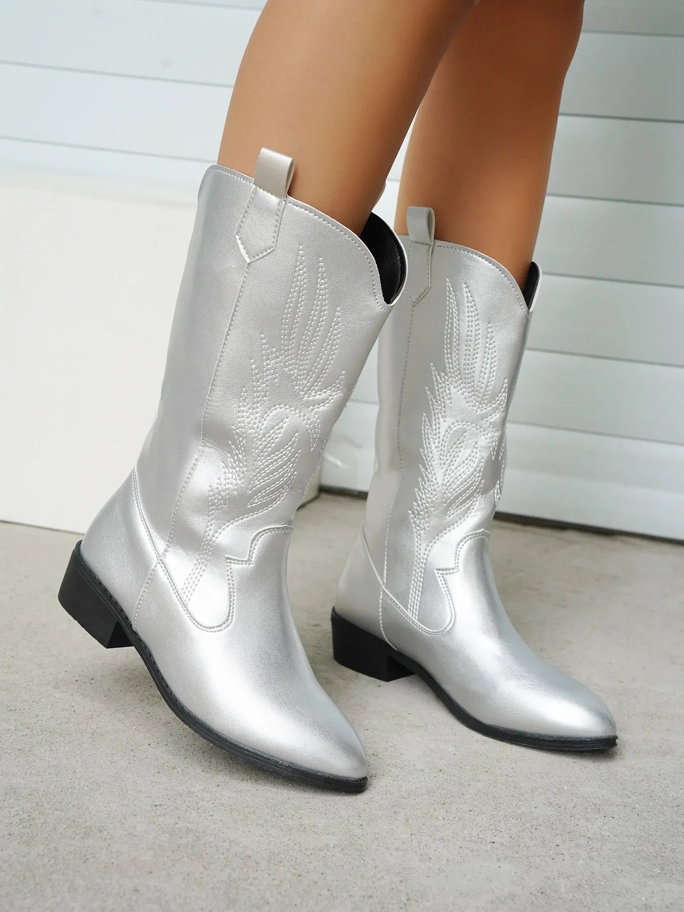 Women's Cowboy Boots with Decorative Embroidery, Vegan