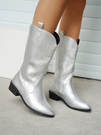 Women's Cowboy Boots with Decorative Embroidery, Vegan