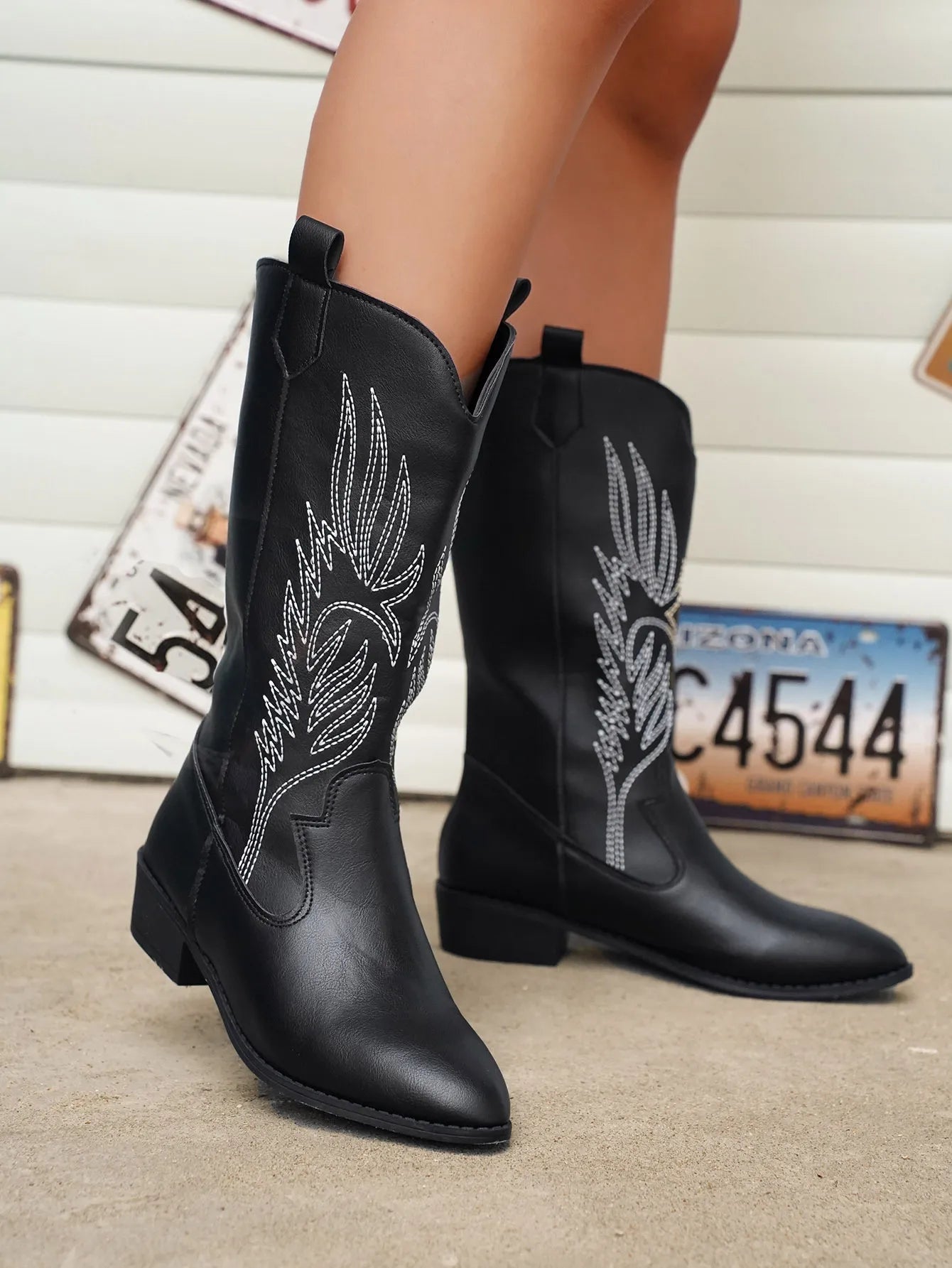 Women's Cowboy Boots with Decorative Embroidery, Vegan