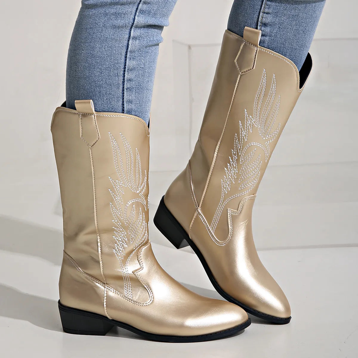 Women's Cowboy Boots with Decorative Embroidery, Vegan