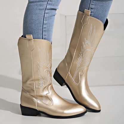 Women's Cowboy Boots with Decorative Embroidery, Vegan