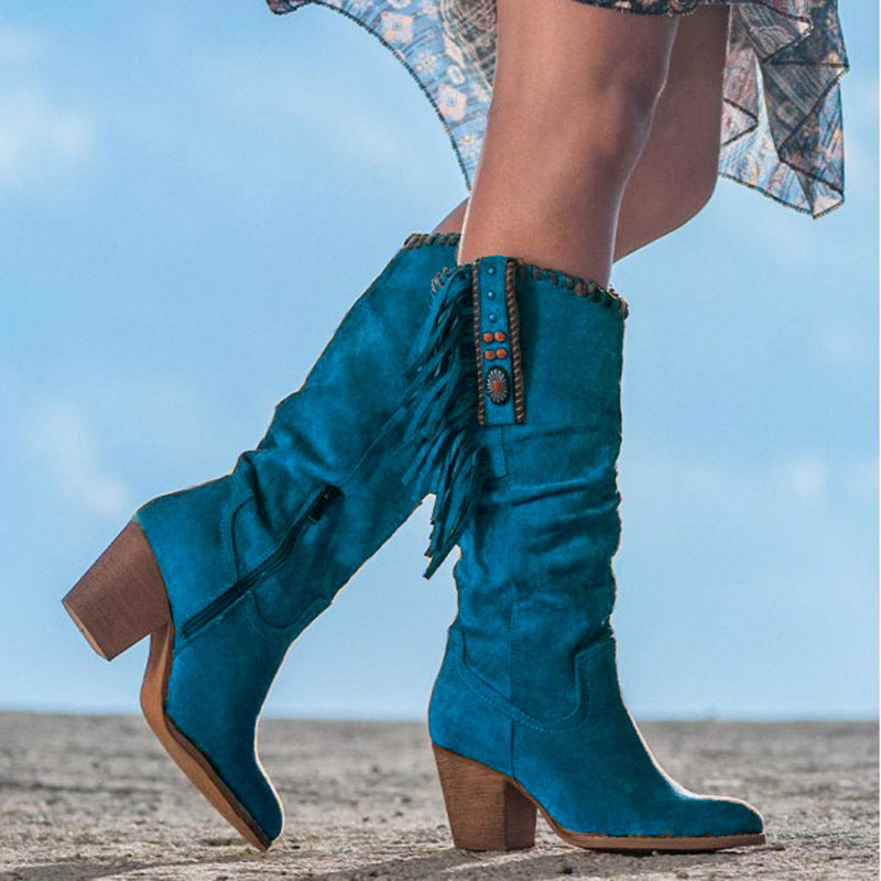 Women's Cowboy Boots with Pointed Toe and Metal Buckle