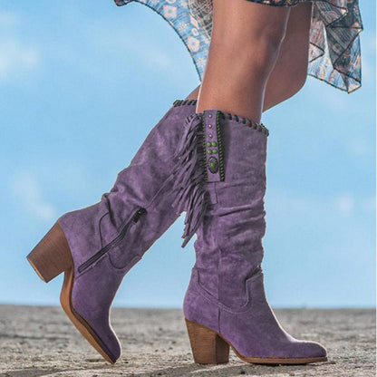 Women's Cowboy Boots with Pointed Toe and Metal Buckle