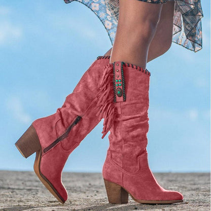 Women's Cowboy Boots with Pointed Toe and Metal Buckle