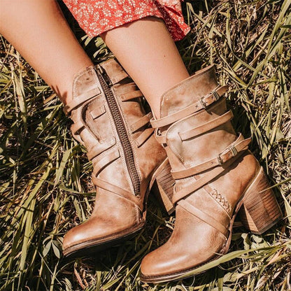 Women's Leather Heeled Ankle Boots in Vintage Style