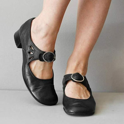 Women's Leather Low-Heel Shoes with Buckle