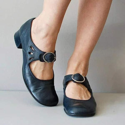 Women's Leather Low-Heel Shoes with Buckle