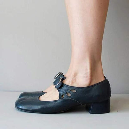 Women's Leather Low-Heel Shoes with Buckle