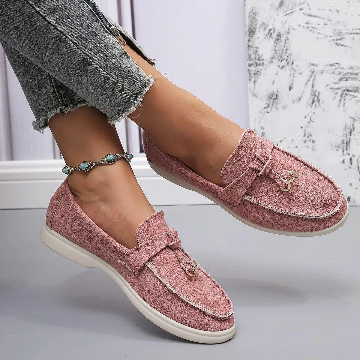 Women's Leather Slip-On Loafers with Gold Details