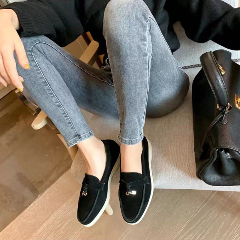 Women's Suede Loafers with Decorative Buckle